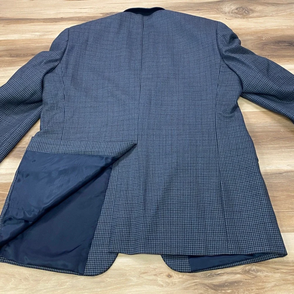 Lauren Ralph Lauren Sport Coat 44L Houndstooth 100% Wool Two Button Blue Blazer